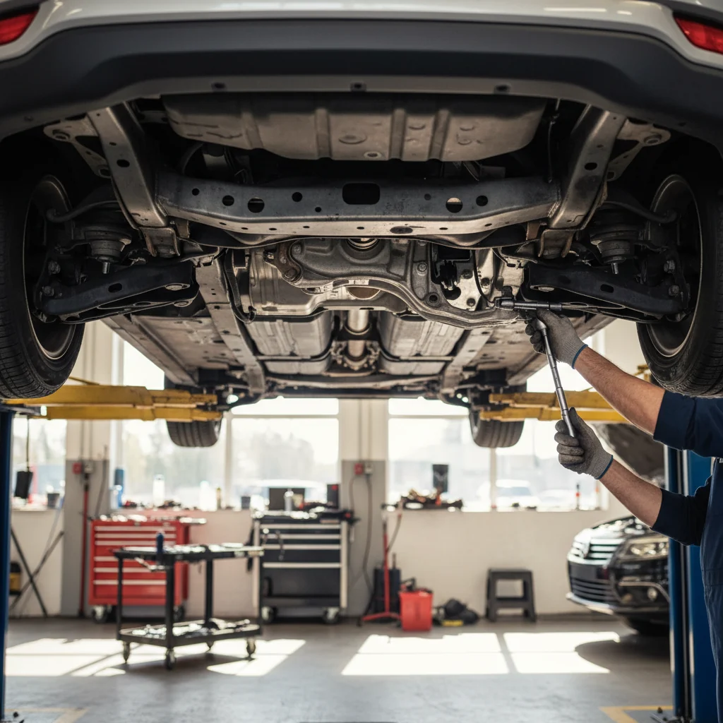 Automotive technician inspecting a vehicle's chassis on a lift