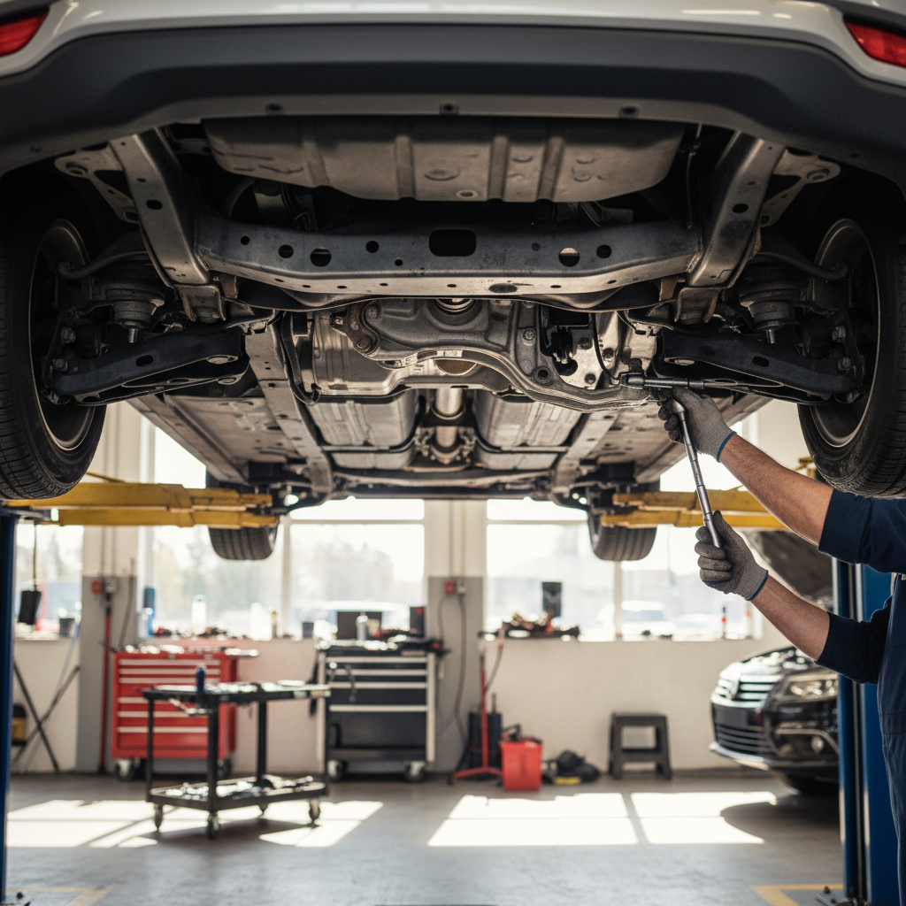 Automotive technician inspecting a vehicle's chassis on a lift